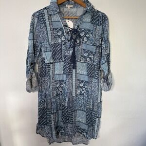 Boho En Creme Blue Patchwork Paisley Lace Up Tassel Tunic Dress Small BNWT